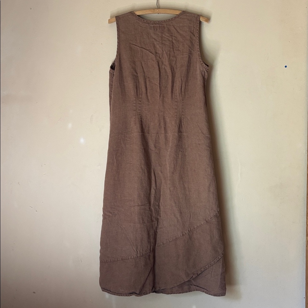 FLAX Brown Linen Button Front Dress, M - Picture 4 of 7